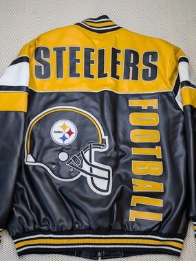 Vintage Pittsburgh Steelers Size L Faux Leather Embroidered Bomber Jacket NFL